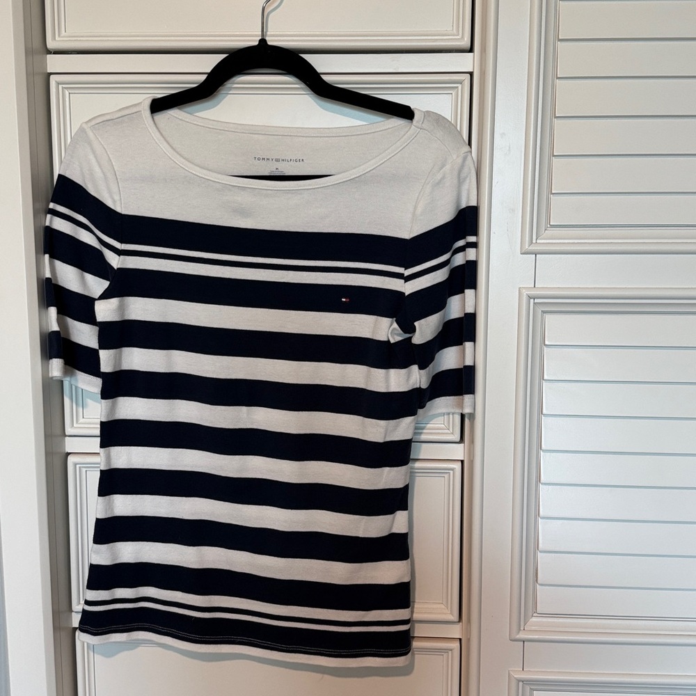 Tommy Hilfiger Navy  and White Striped Tee. Elbow length. Medium